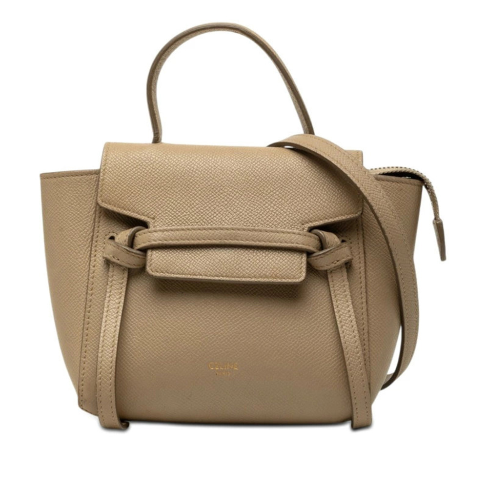 Celine Belt 2way Calfskin Leather Bag Pico Handbag Shoulder Beige Leather Tan